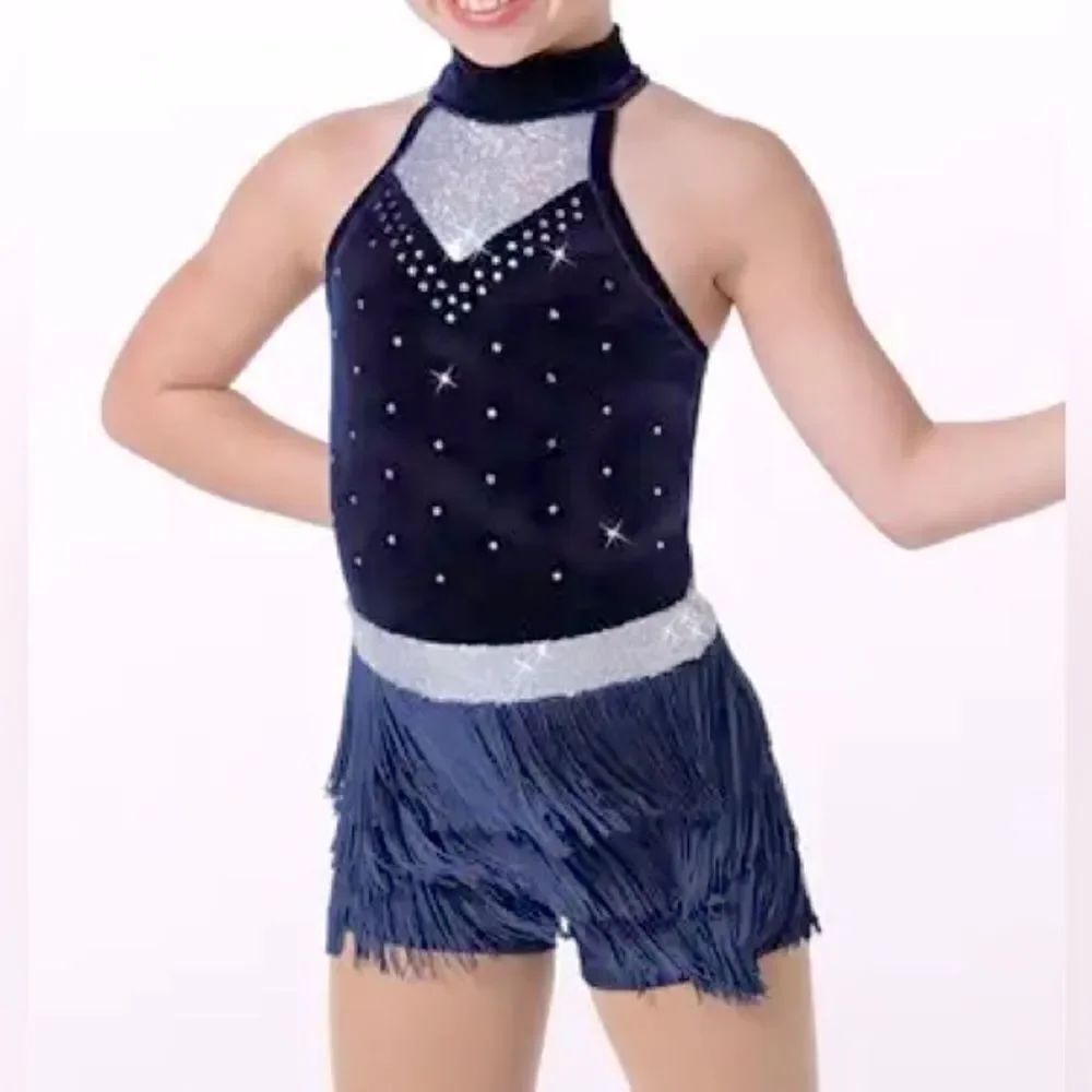 WEISSMAN Dance costume fringe navy blue velvet Twist My Hips 14100 rhinestone MC